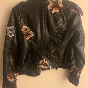 Faux leather studded and embroidered motto jacket